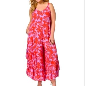 Cato Vibrant Red And Purple Boho Floral V-neck Sleeveless Jumpsuit. Size Medium